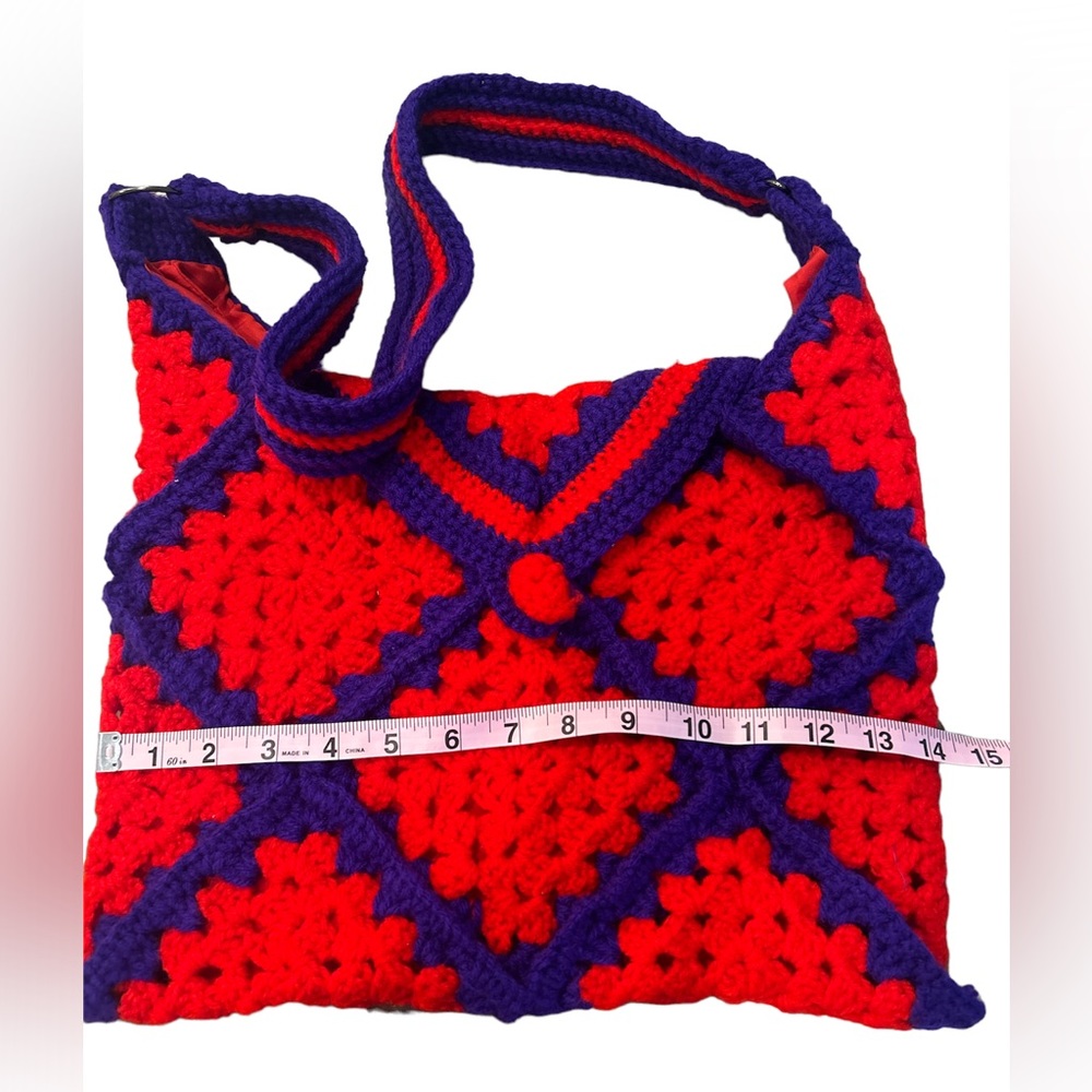 Hand Crocheted Knit Yarn Boho Tote Red Purple Purse Shoulder Bag Retro 1970's - Picture 2 of 16